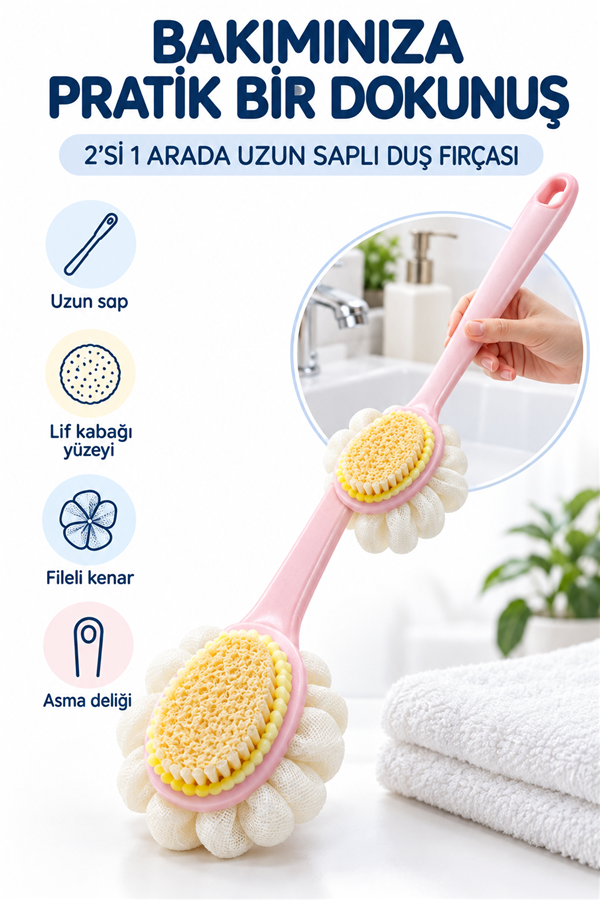 Mucit Home 2'si 1 Arada Kıl Ve Lif Kabağı iİe Duş Vücut Fırçası Uzun Saplı Sırt Fırçası-1 ADET