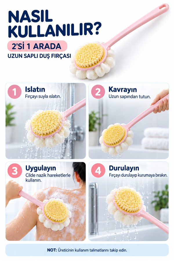 Mucit Home 2'si 1 Arada Kıl Ve Lif Kabağı iİe Duş Vücut Fırçası Uzun Saplı Sırt Fırçası-1 ADET